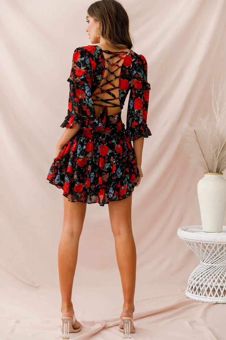 Albany Lace Up Back Frill Dress Black/Red