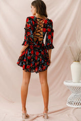 Albany Lace Up Back Frill Dress Black/Red