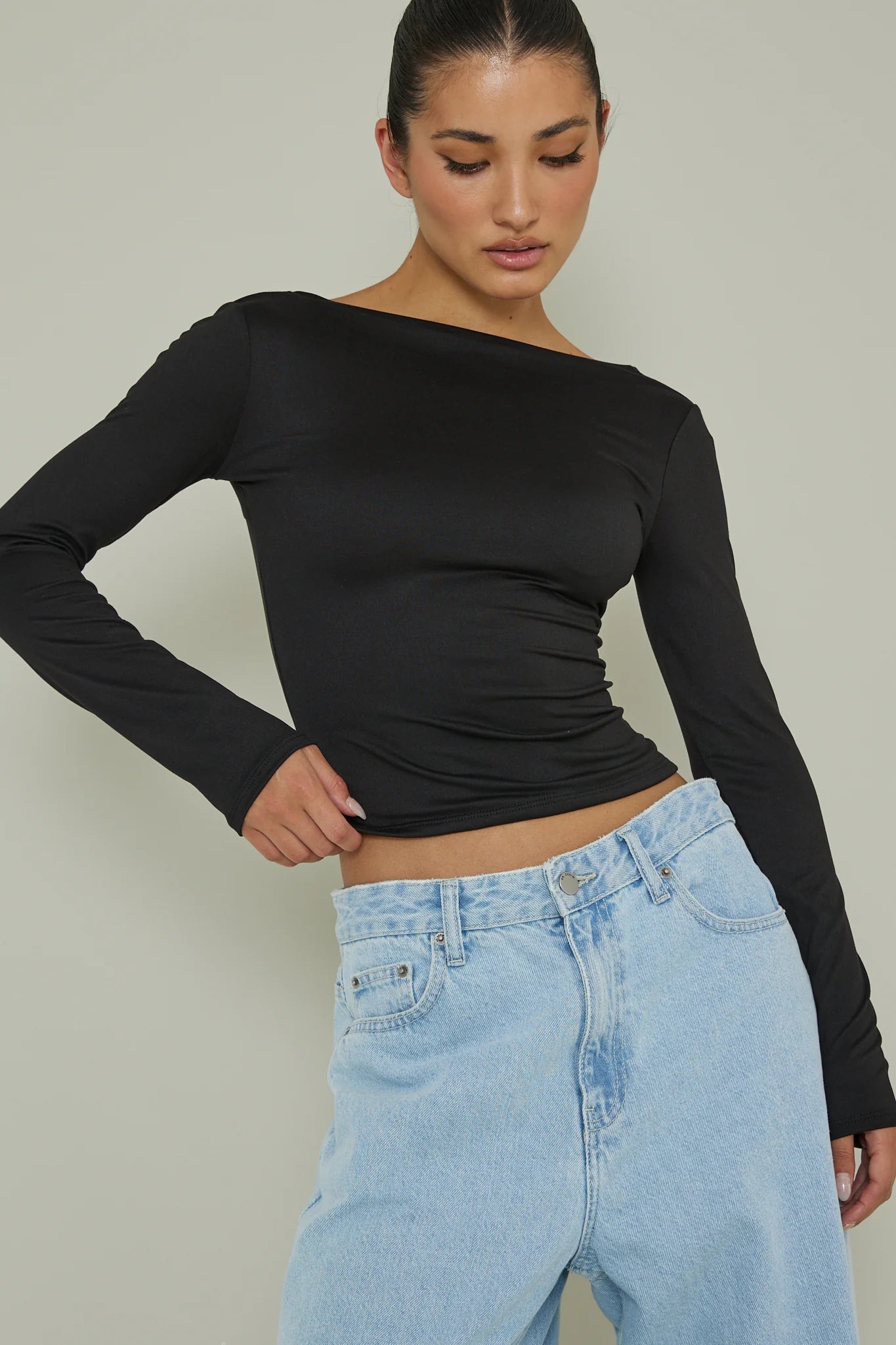 Cheers Boat Neck Long Sleeve Top Black