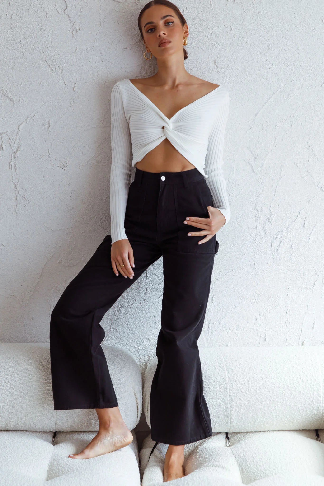 Dream Weaver Long Sleeve Twist Bust Crop Top White