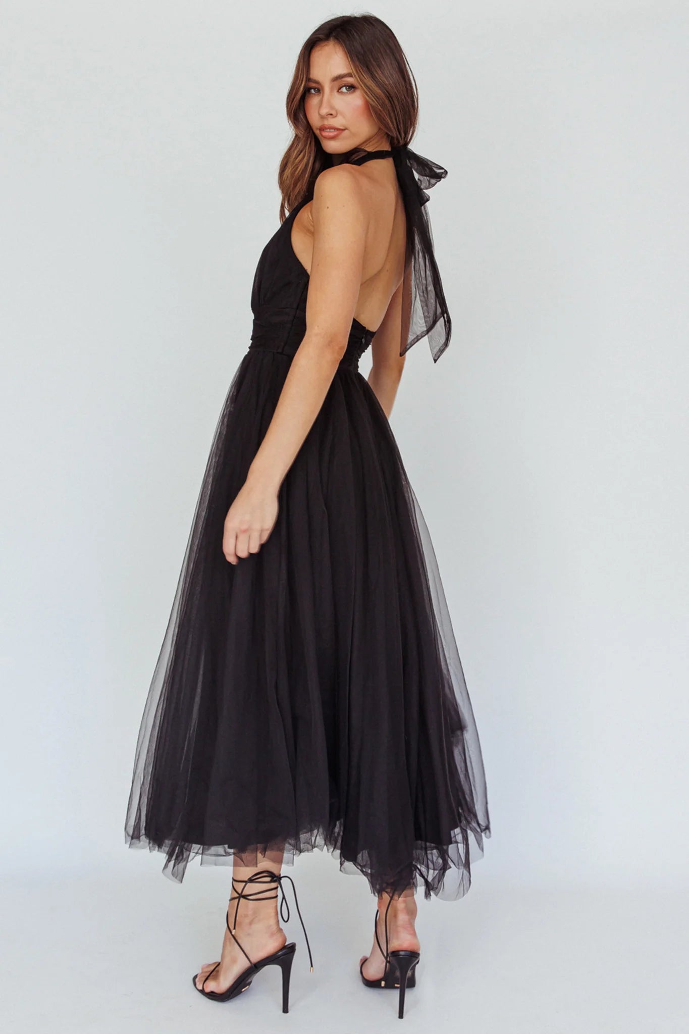 Andria Halterneck Tulle Midi Dress Black
