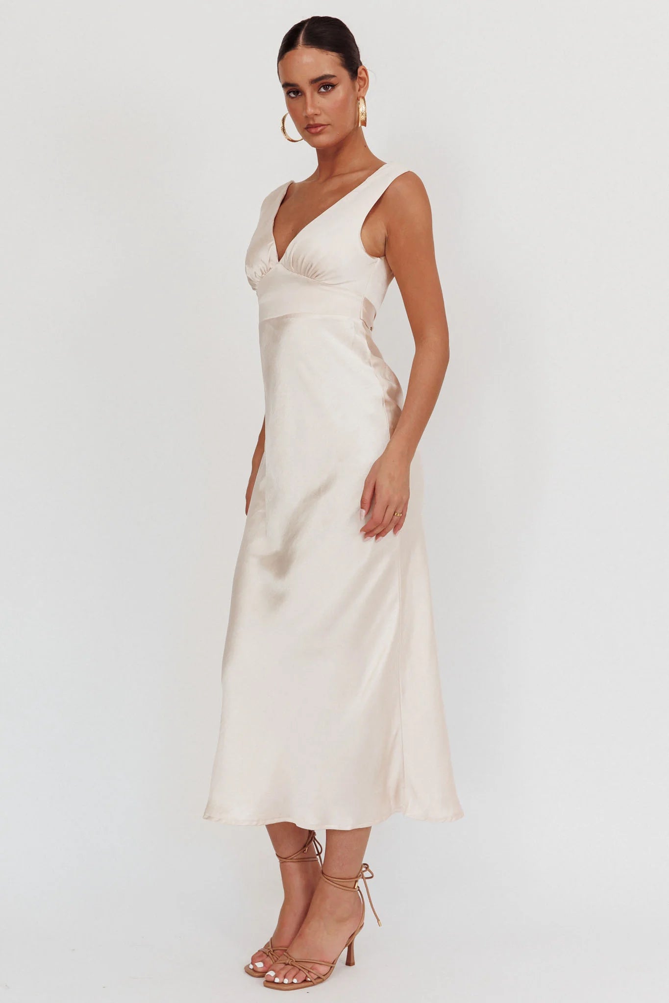 Leila V-Neck Low Back Satin Midi Dress Ivory