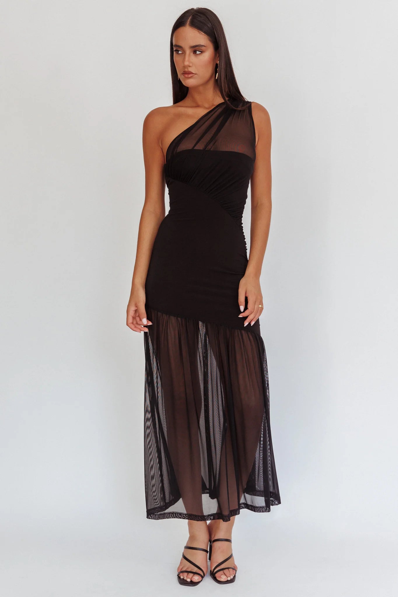 Passion One-Shoulder Mesh Maxi Dress Black