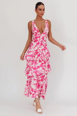 Veda Strappy Back Ruffle Maxi Dress Floral Fuchsia