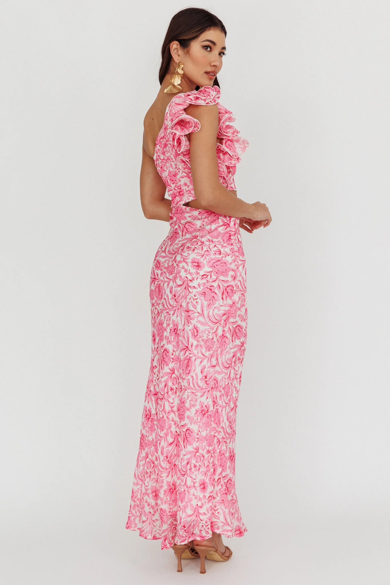 Deanna One-Shoulder Ruffle Midi Dress Floral Pink