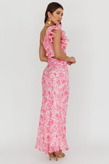 Deanna One-Shoulder Ruffle Midi Dress Floral Pink