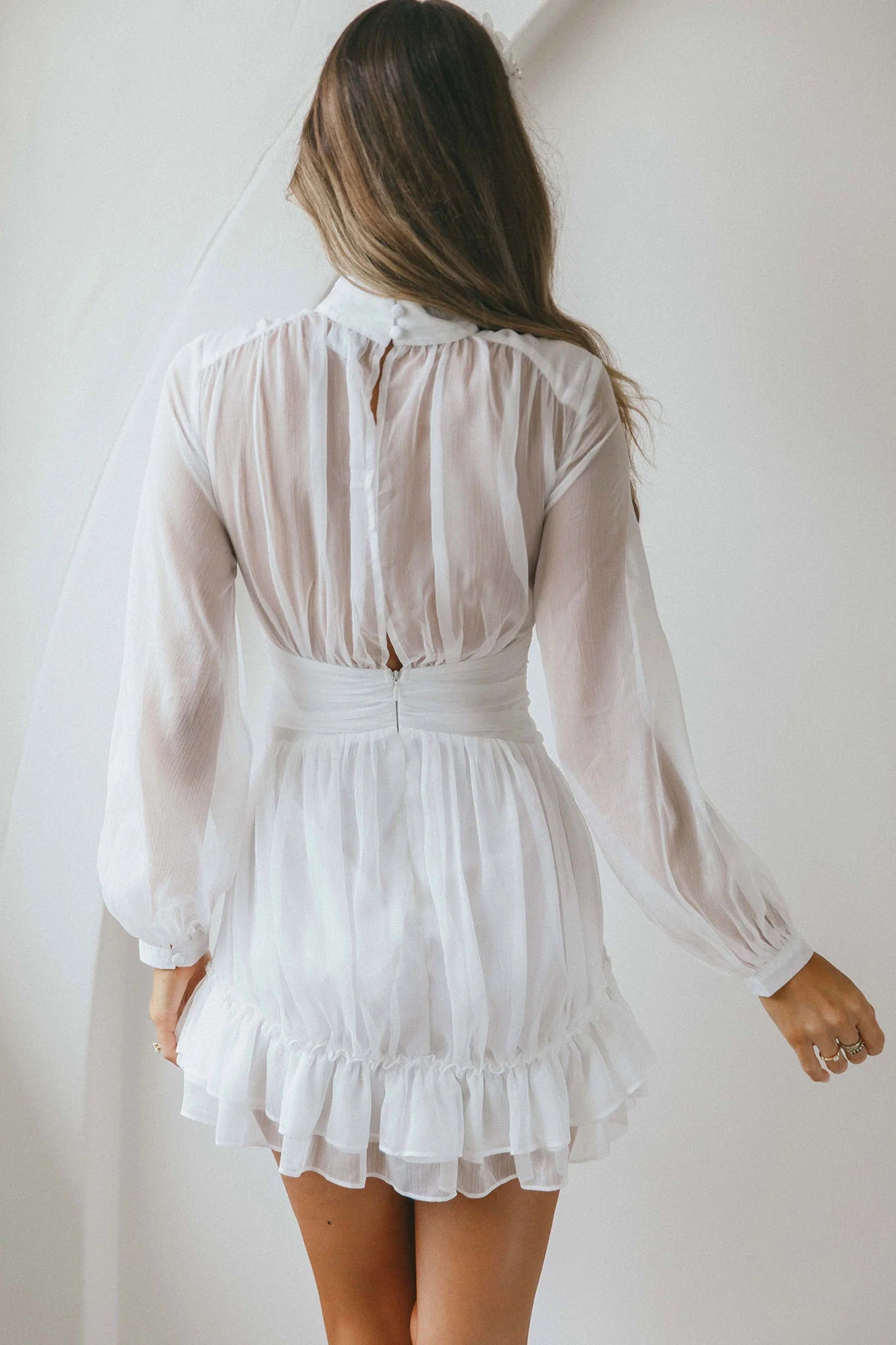 Mandalay High Neck Long Sleeve Waistband Dress White