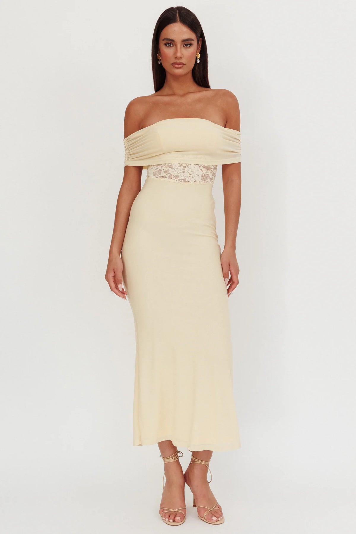 Flutters Off-Shoulder Lace Insert Maxi Dress Cream