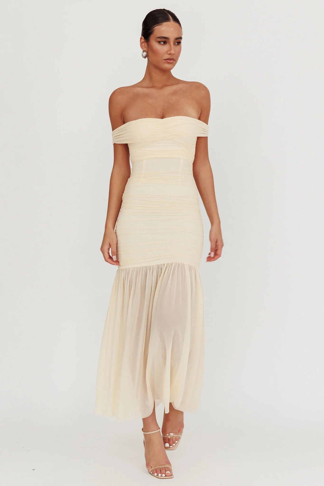 La Salle Off Shoulder Mesh Maxi Dress Ivory