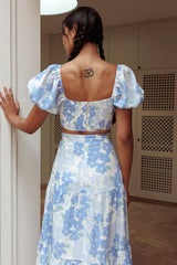 The Moment Puff Sleeve Crop Top Floral Blue