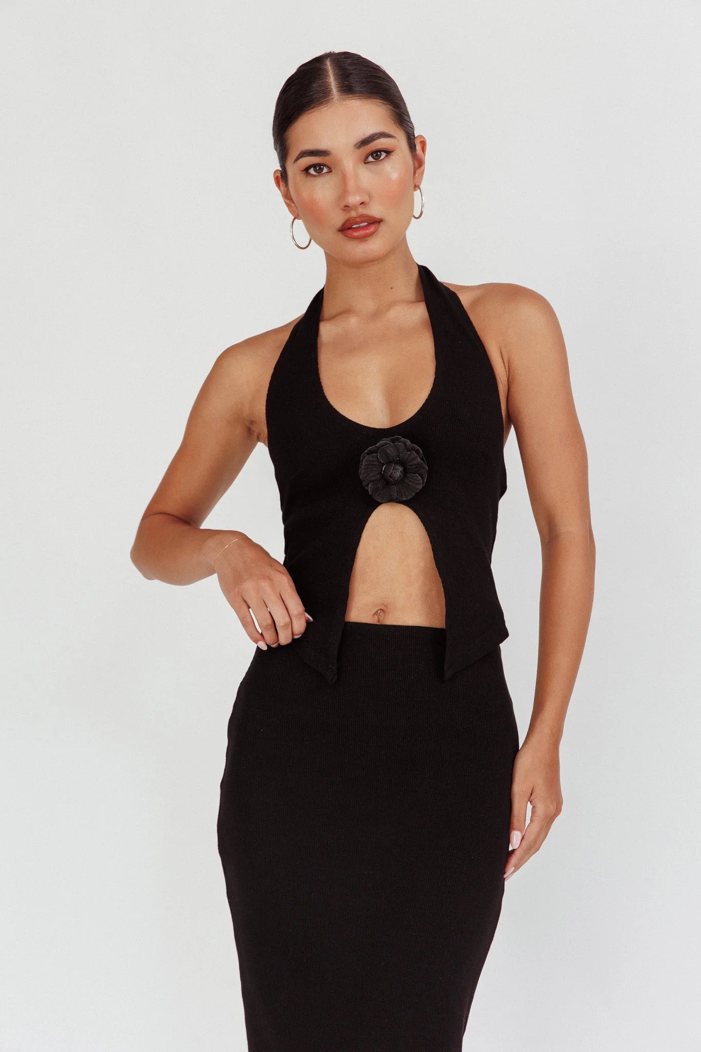 Blackthorn Halter Neck Rosette Top Black