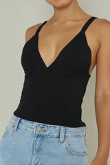 City V-Neck Knit Top Black