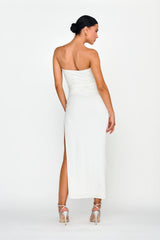 Affections Drawstring Ruched Split Maxi Dress White