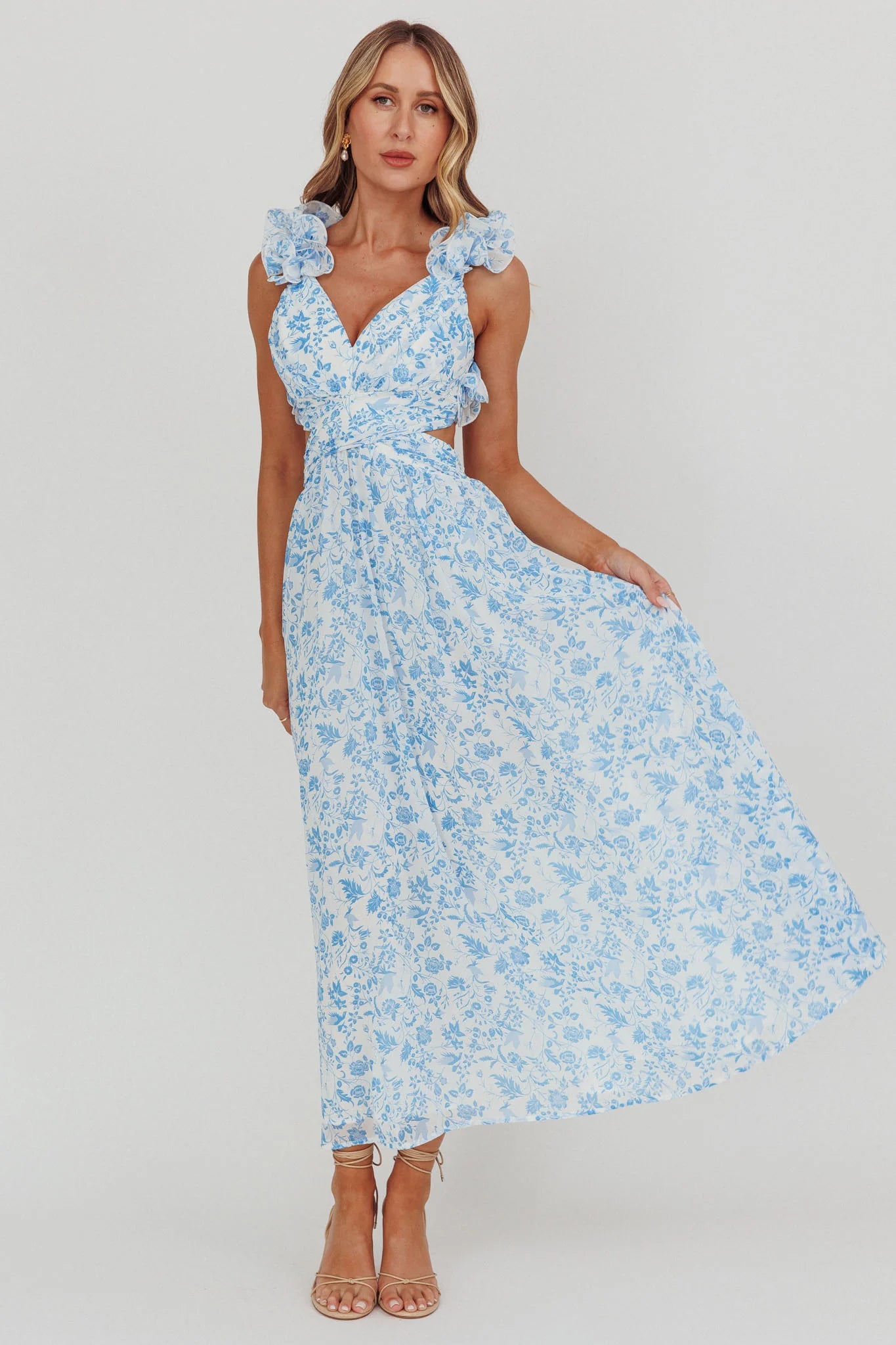 Madara Lace-Up Back Maxi Dress Flowers Blue