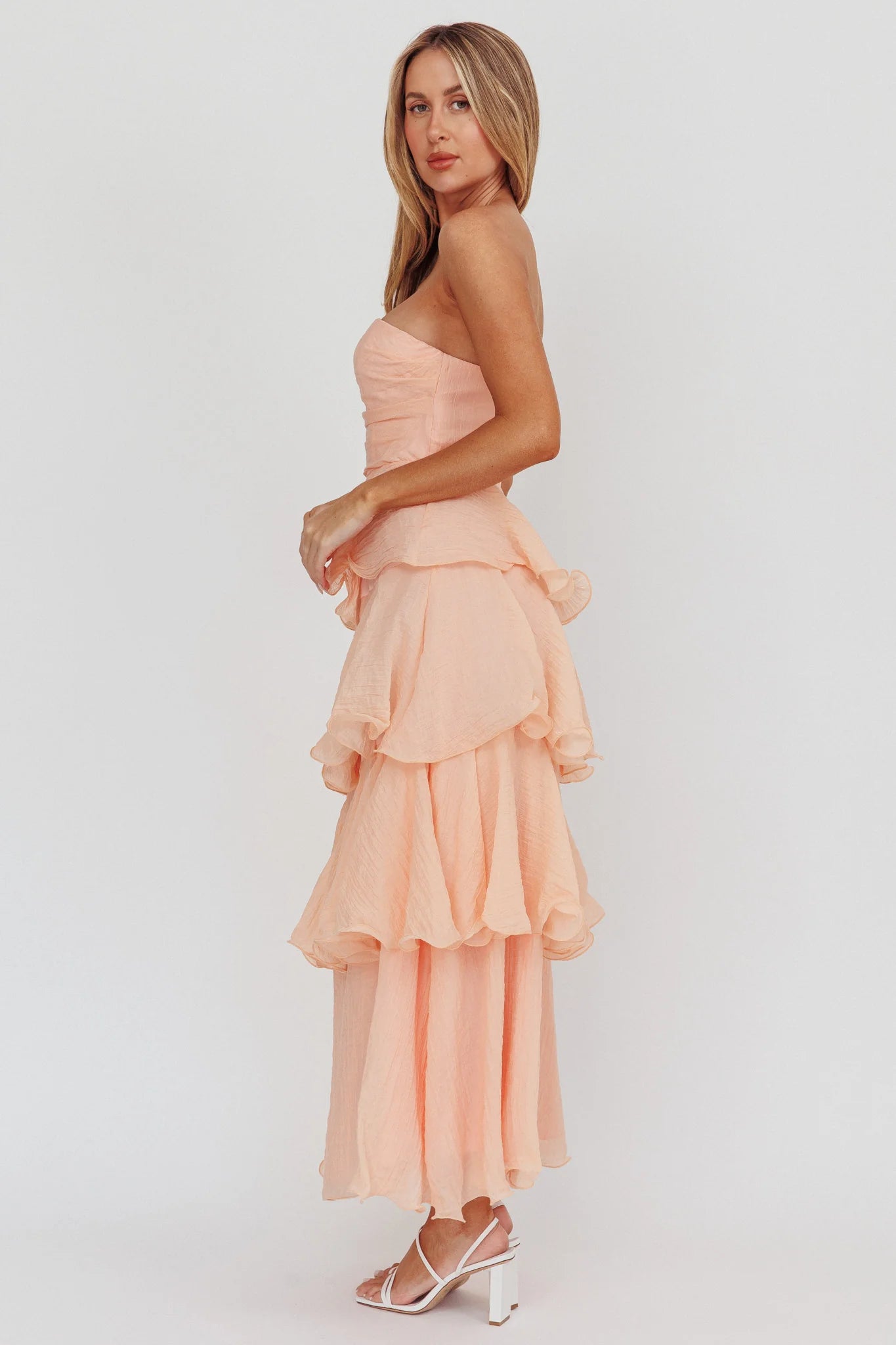 Giavana Strapless Layered Ruffles Midi Dress Blush