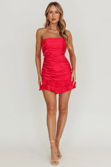 Annabella Strapless Tied Back Frill Hem Mini Dress Fuchsia