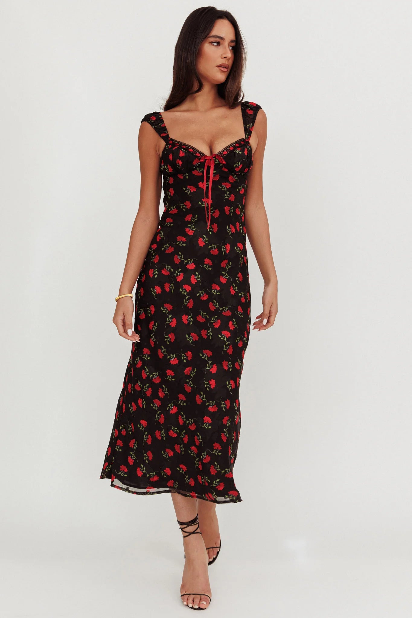 Femme Belle Ribbon Trim Maxi Dress Floral Black