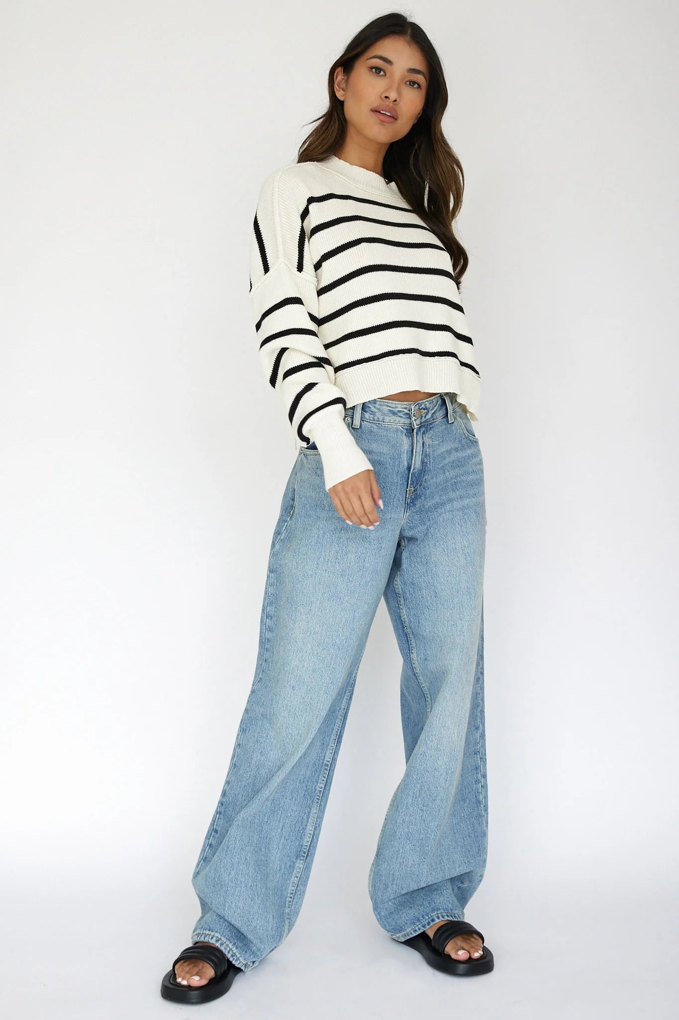 Fly High Drop Shoulder Knit Sweater Stripe Beige