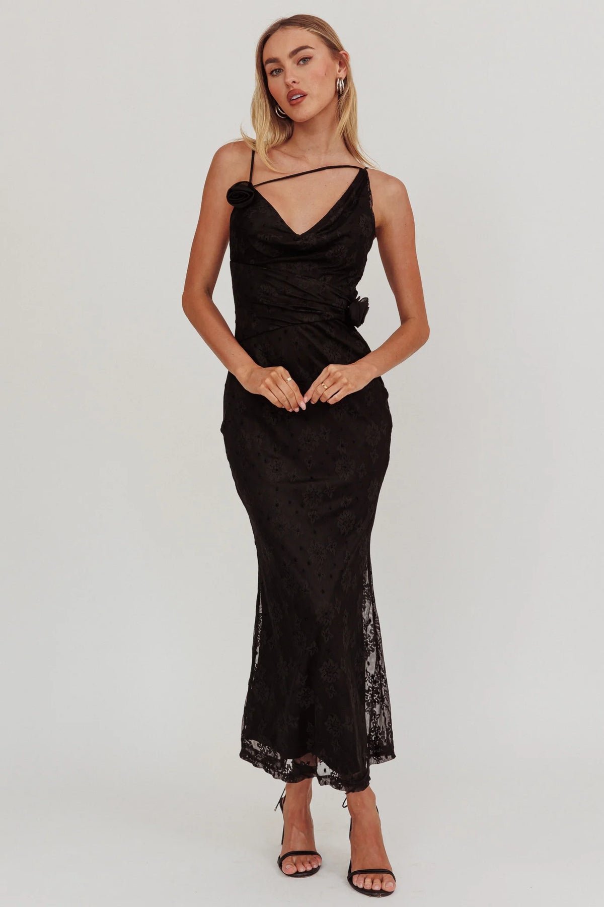 Golden Glow Rosette Cowl Neck Maxi Dress Black