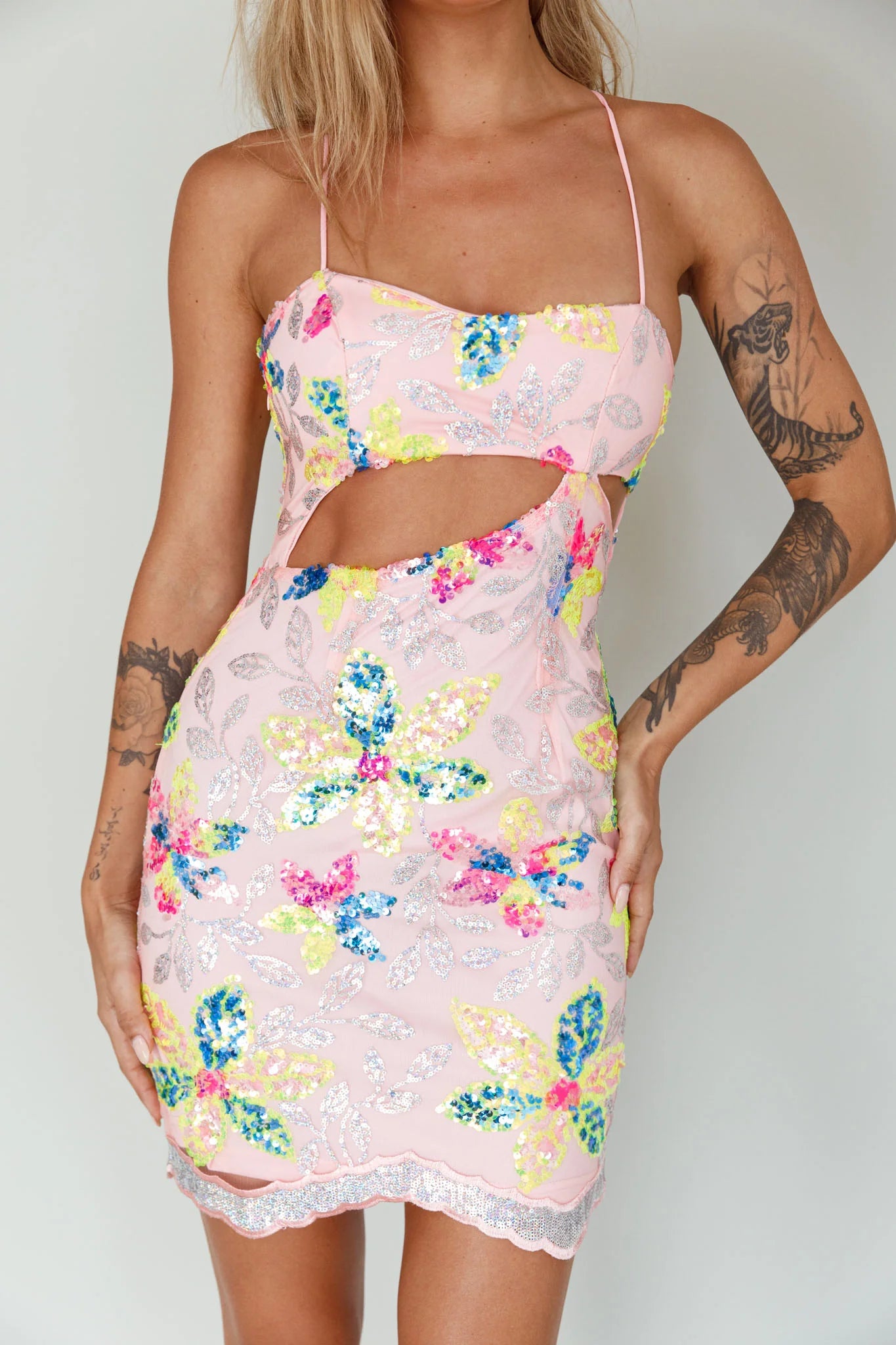 Anu Cut-Out Laced Back Sequin Dress Pink