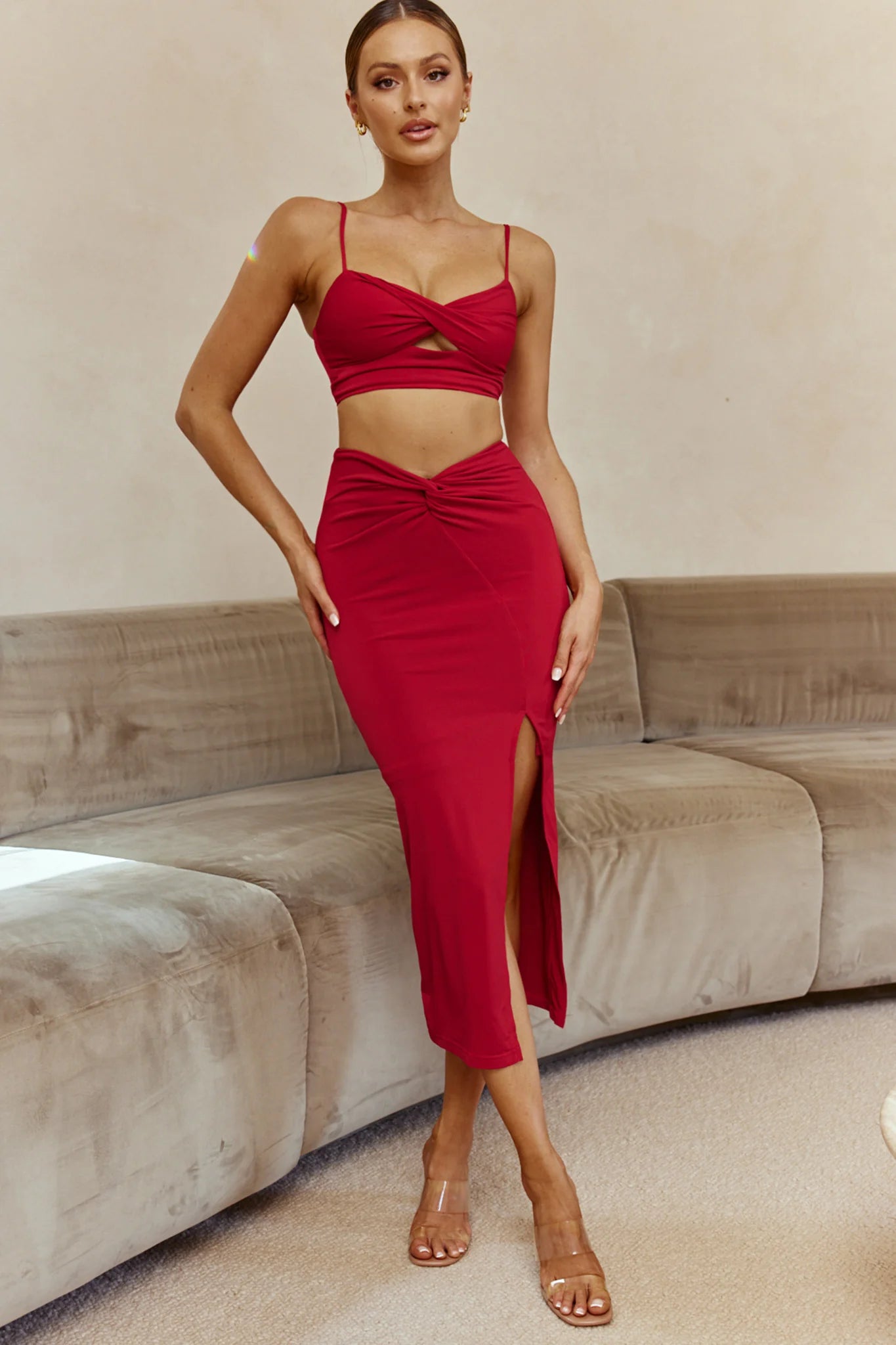 One Night Only Twist Bust Cami Strap Crop Top Wine