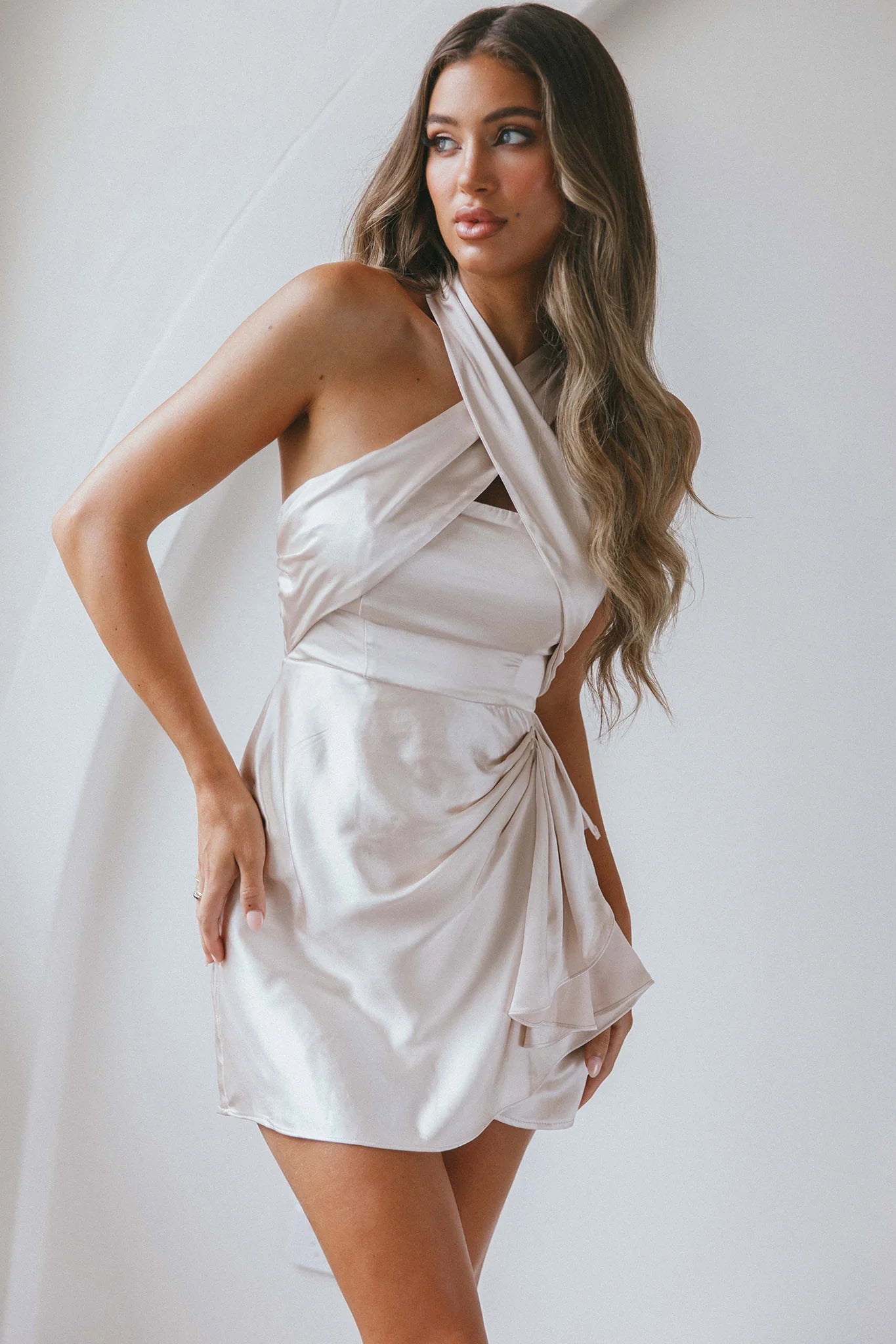 Stars Align Halterneck Satin Dress Champagne