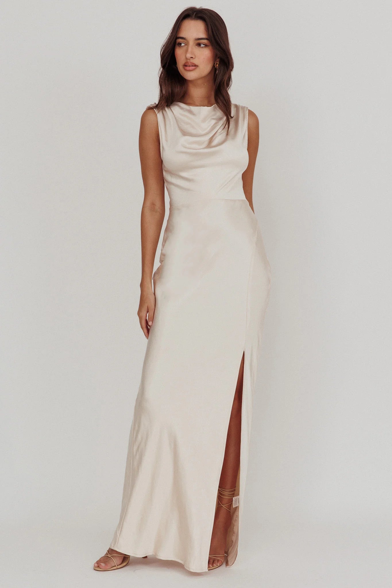 Jinora Cowl Neck Leg Slit Satin Maxi Dress