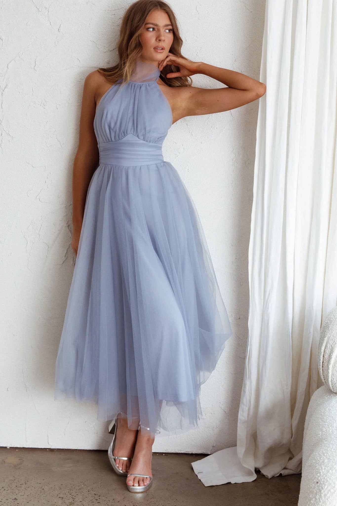 Andria Halterneck Tulle Midi Dress Blue