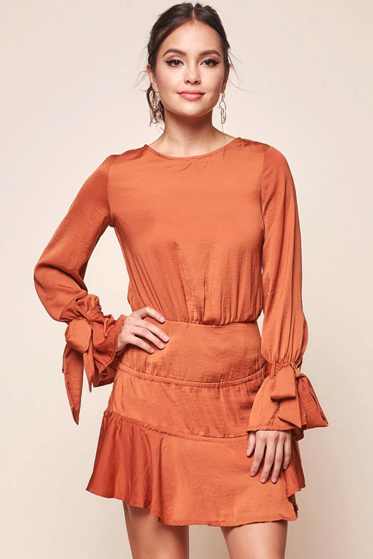 Amira Open Back Wrist Tie Fit and Flare Dress Copper