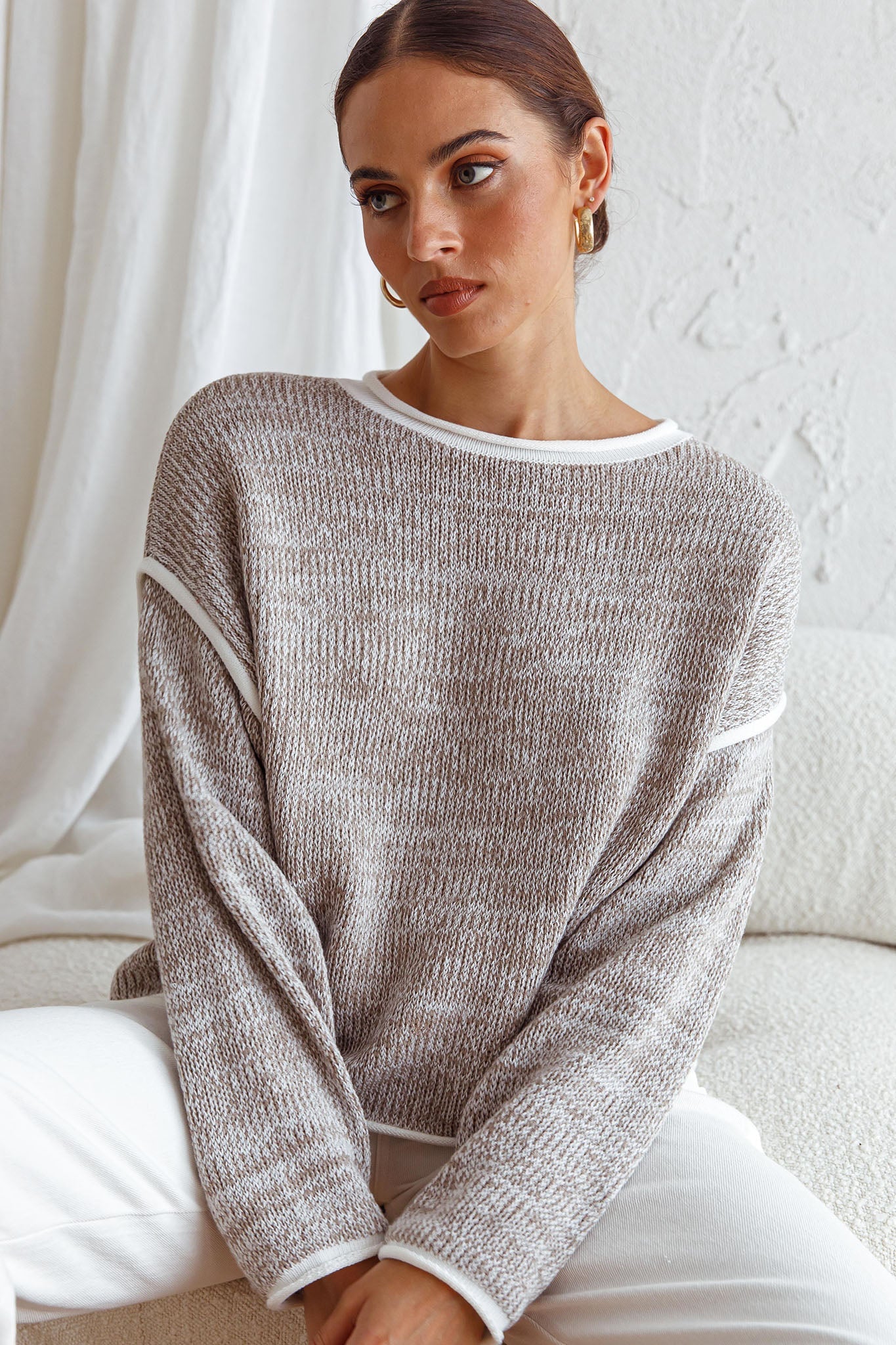 Sitting Pretty Drop Sleeve White Trim Knit Sweater Grey