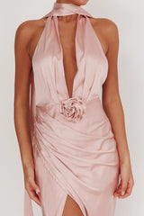 Italia Azure Halterneck Rosette Maxi Dress Blush