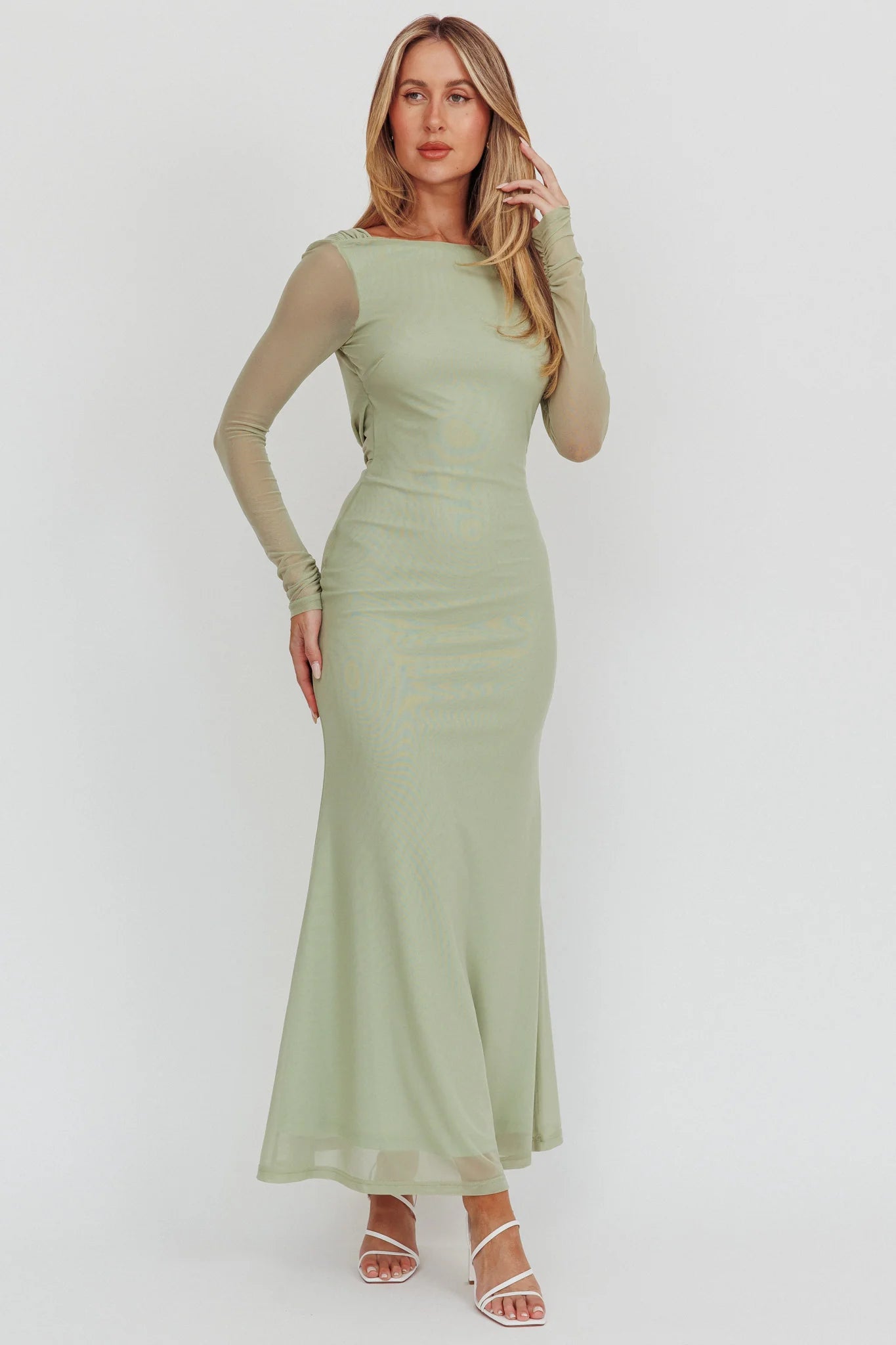Lustre Open Back Mesh Maxi Dress Sage