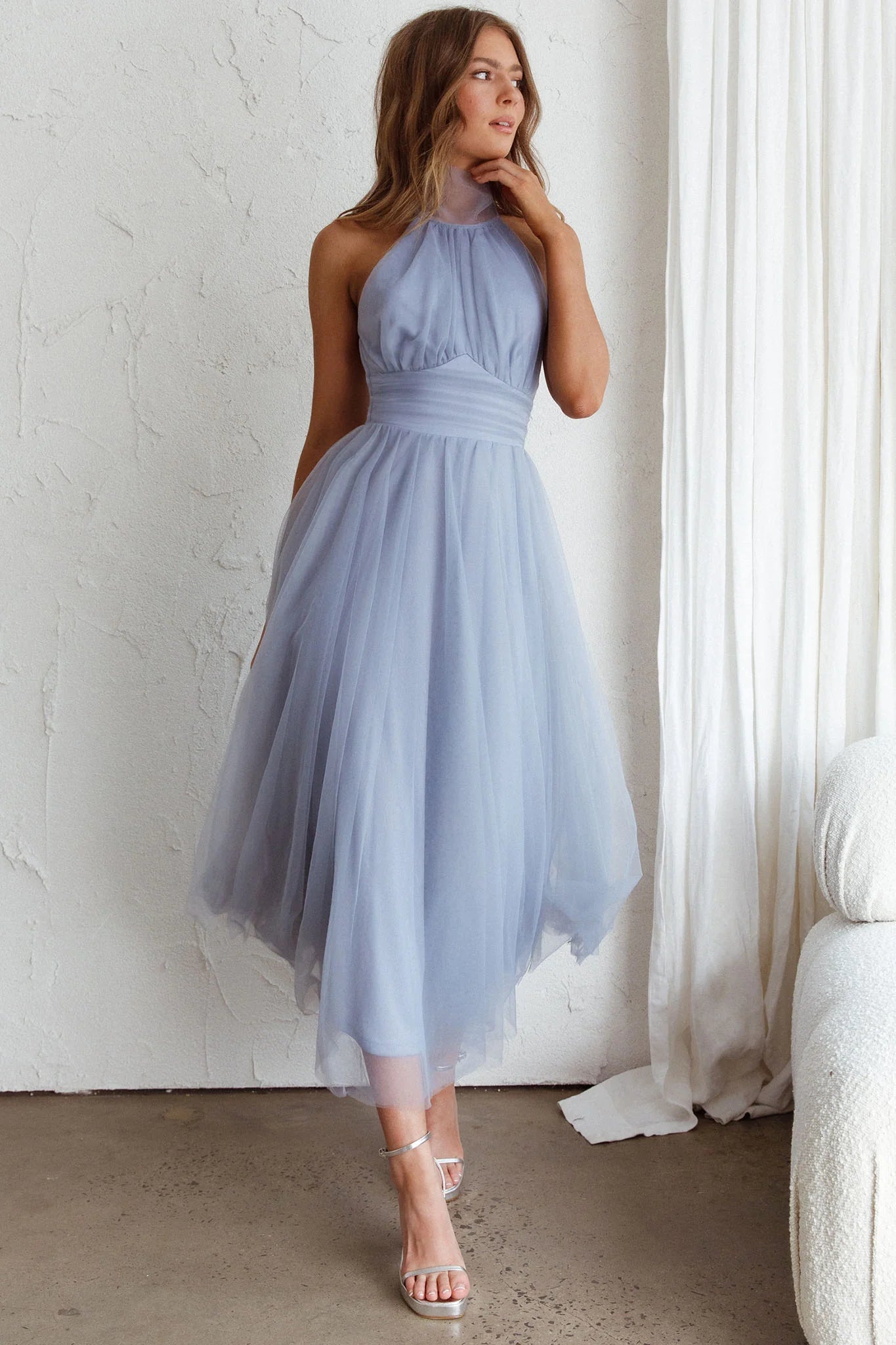 Andria Halterneck Tulle Midi Dress Blue