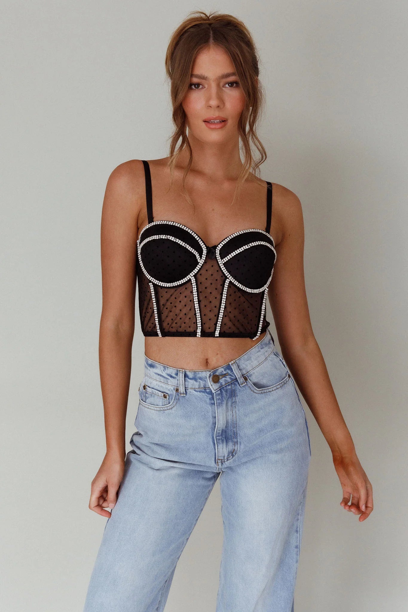 Stop And Stare Diamante Trim Crop Top Black