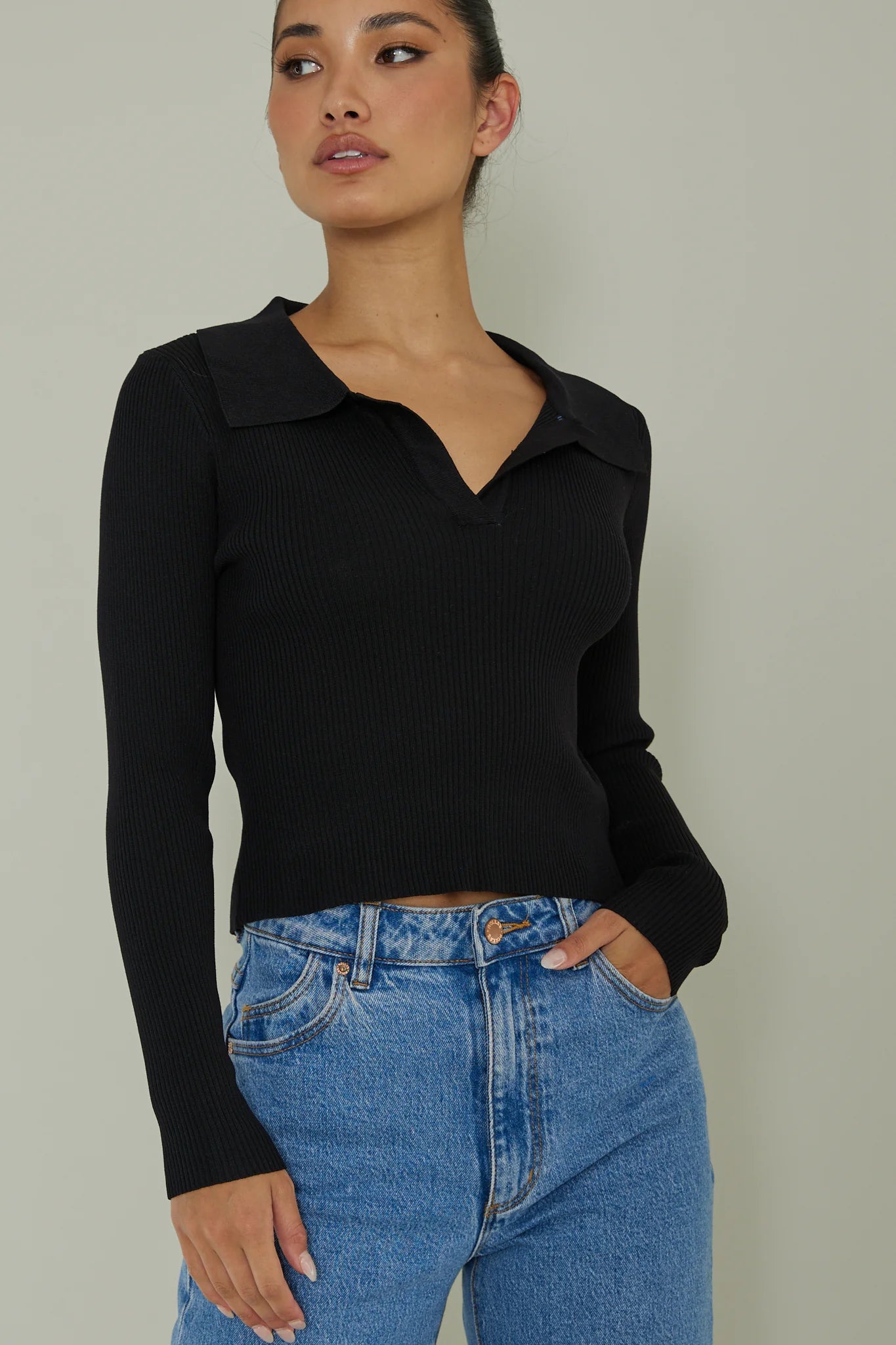 Lake Days Collared Knit Top Black