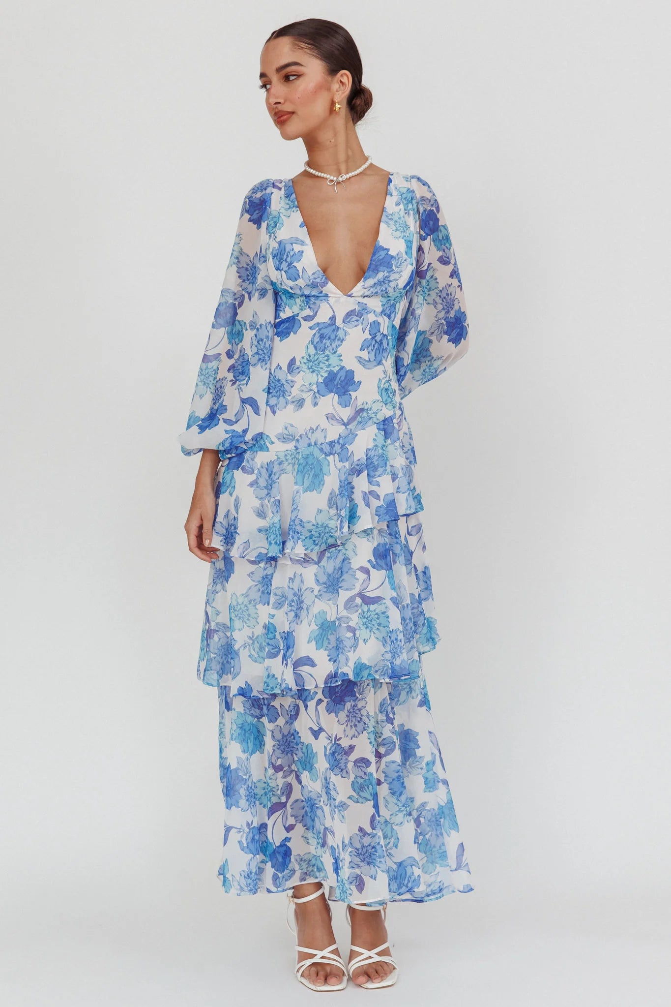 Veda Long Sleeve Floral Tiered Ruffle Maxi Dress Blue