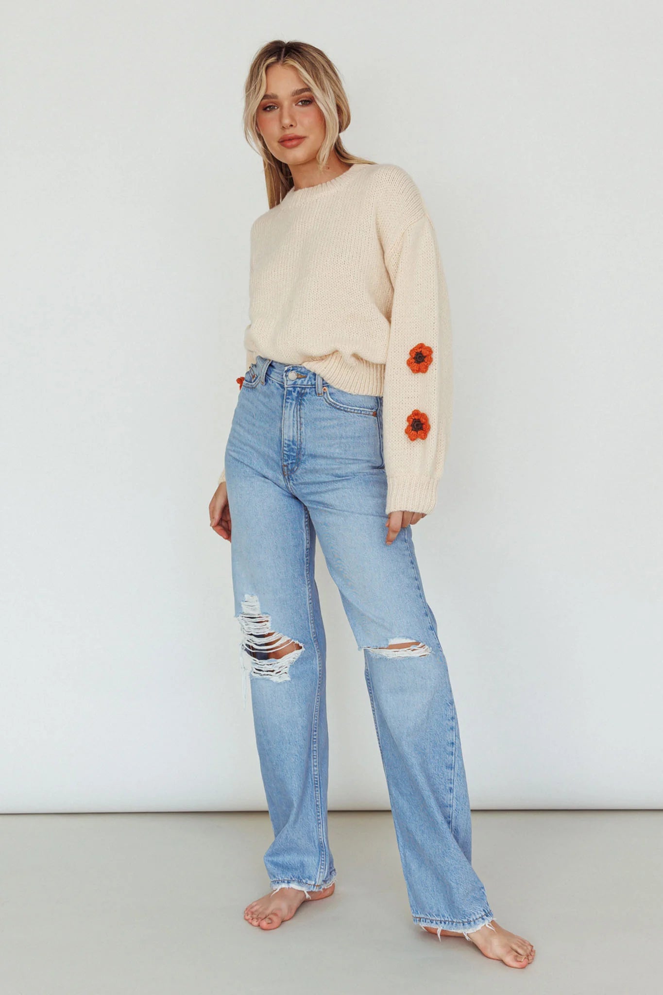 Lighthouse Flower Accent Sweater Cream