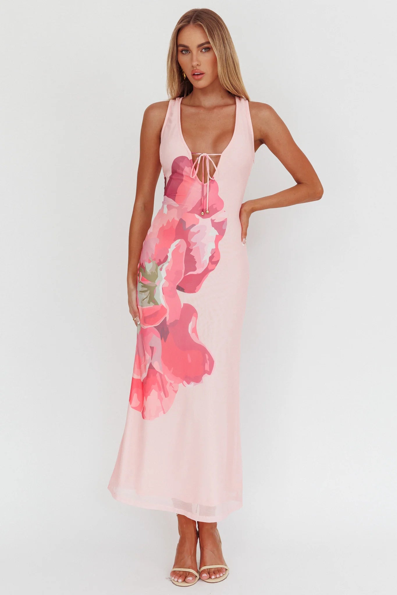 Cinders Tied Plunging Neckline Maxi Dress Flower Pink