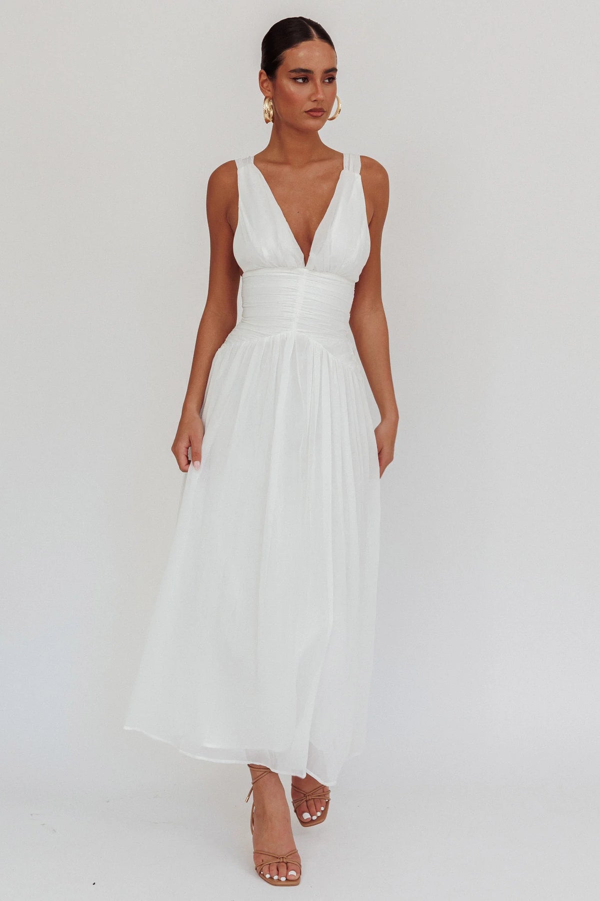 Sammi Ruched Waist Tied Back Maxi Dress White
