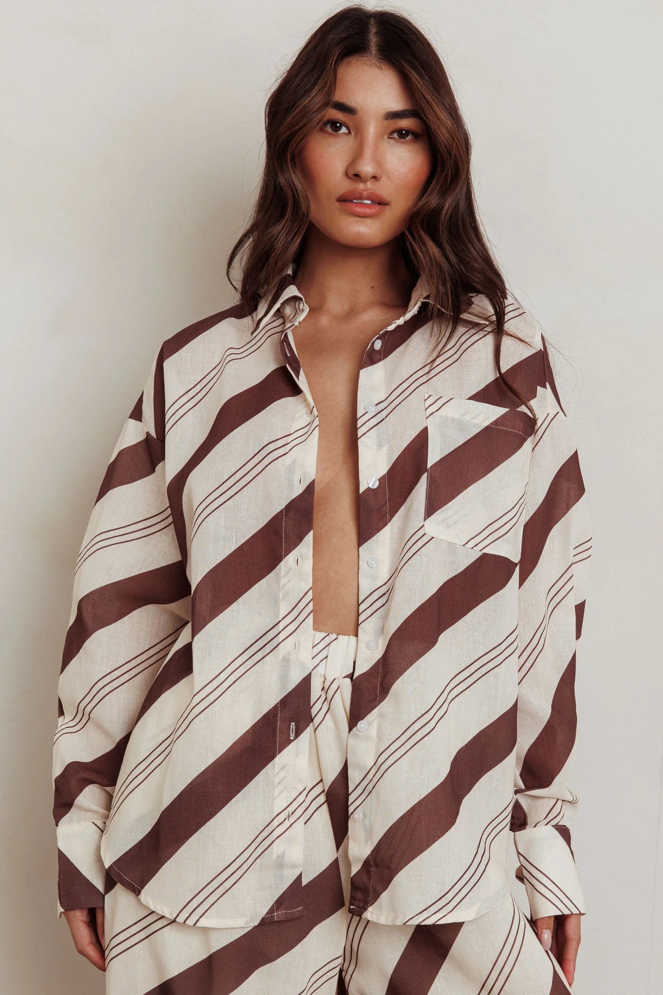 Alex Long Sleeve Striped Print Shirt Cream/Cacao