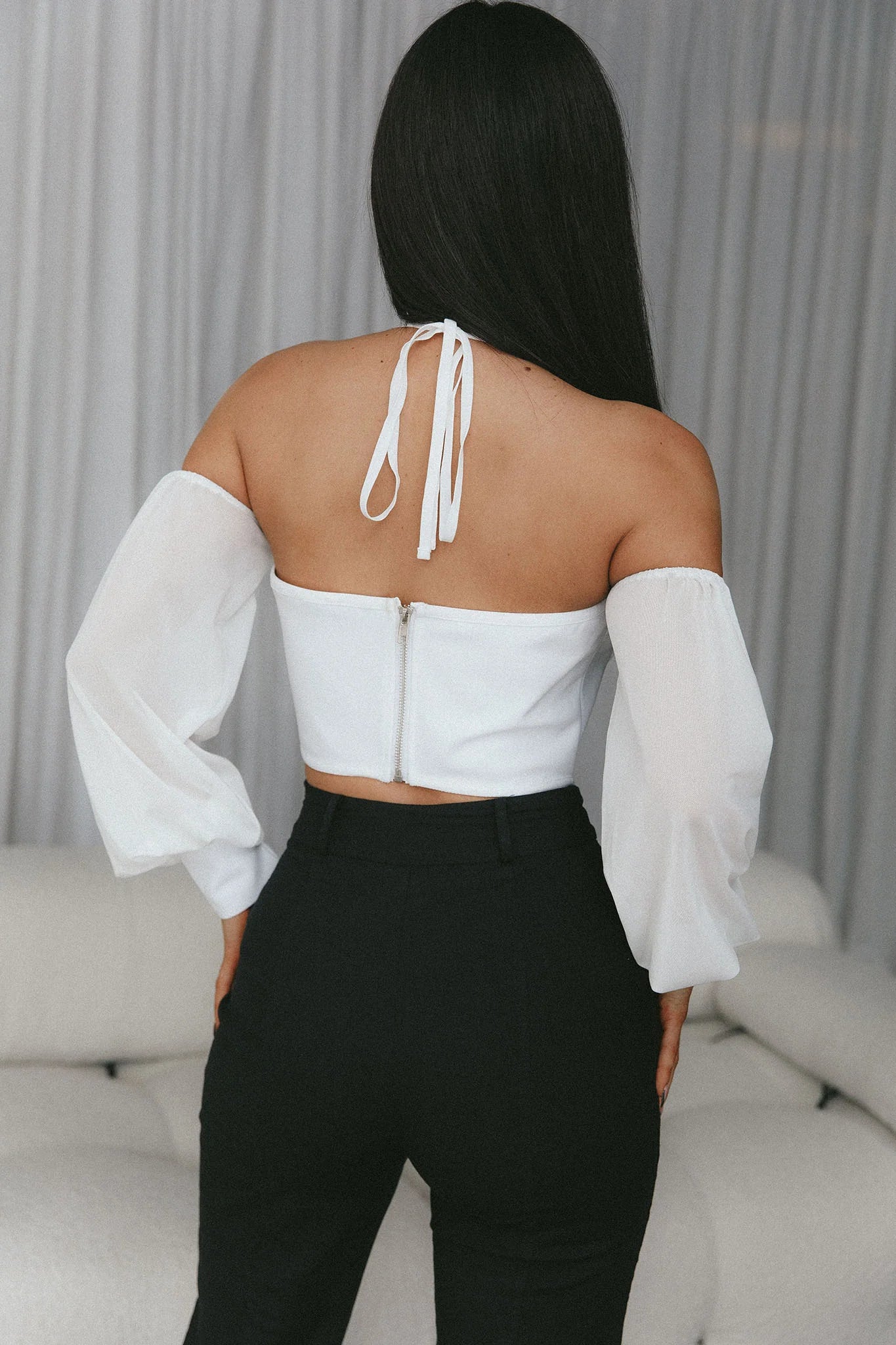 Adonica Halterneck Lantern Sleeve Top White