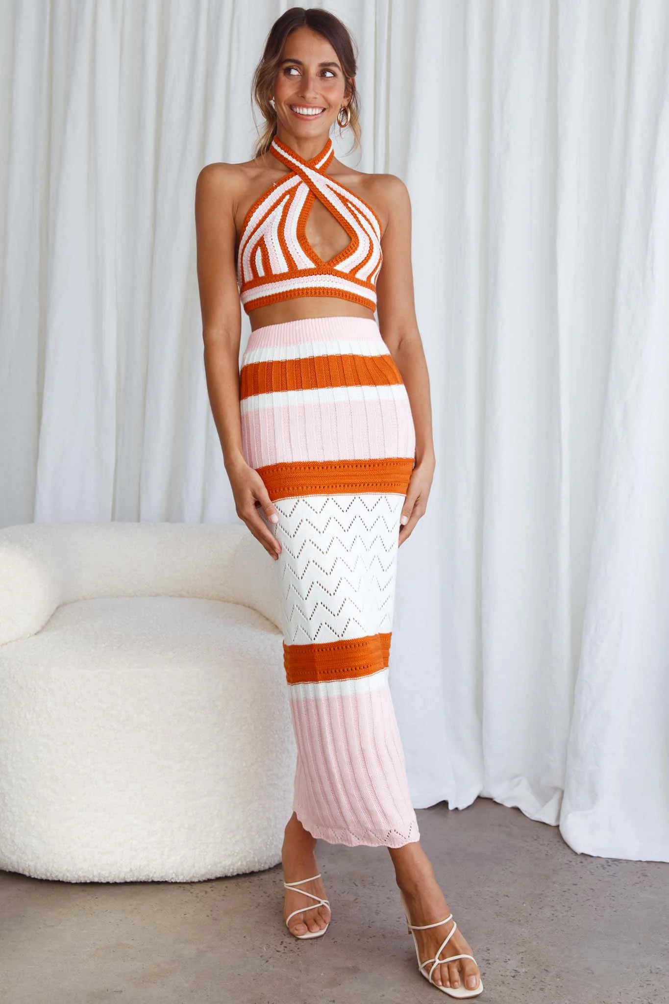 Higher Love Knit Halterneck Crop Top Striped Orange