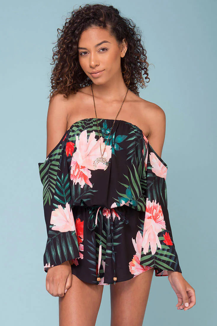 Alyssa Floral Off The Shoulder Romper Black