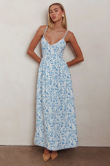 Enchanted Leaf Floral Print A-Line Maxi Dress Blue