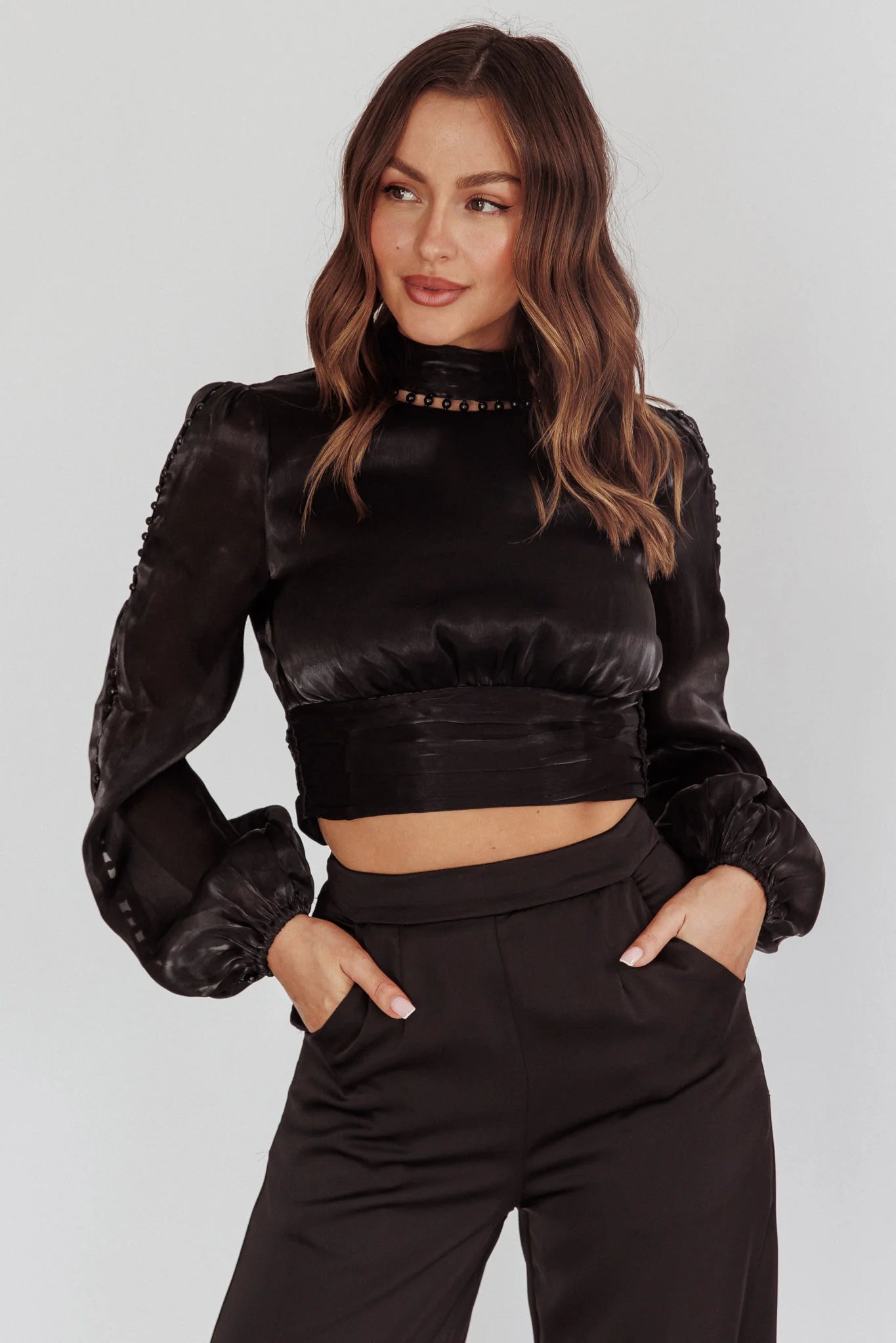 Caia Pearl Detail Open Back Top Black