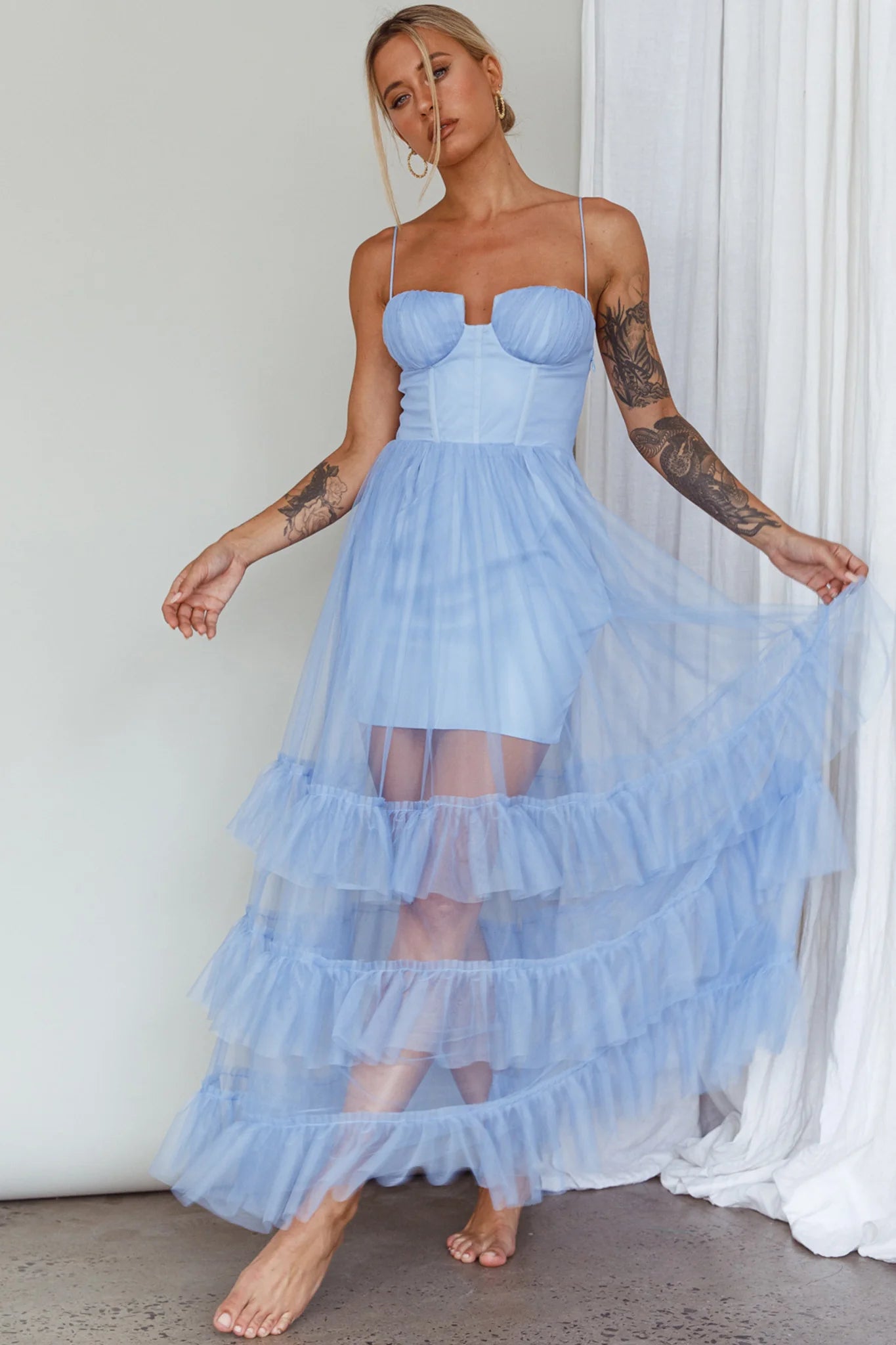 Moonlight Sonata Ruffle Mesh Maxi Dress Sky Blue