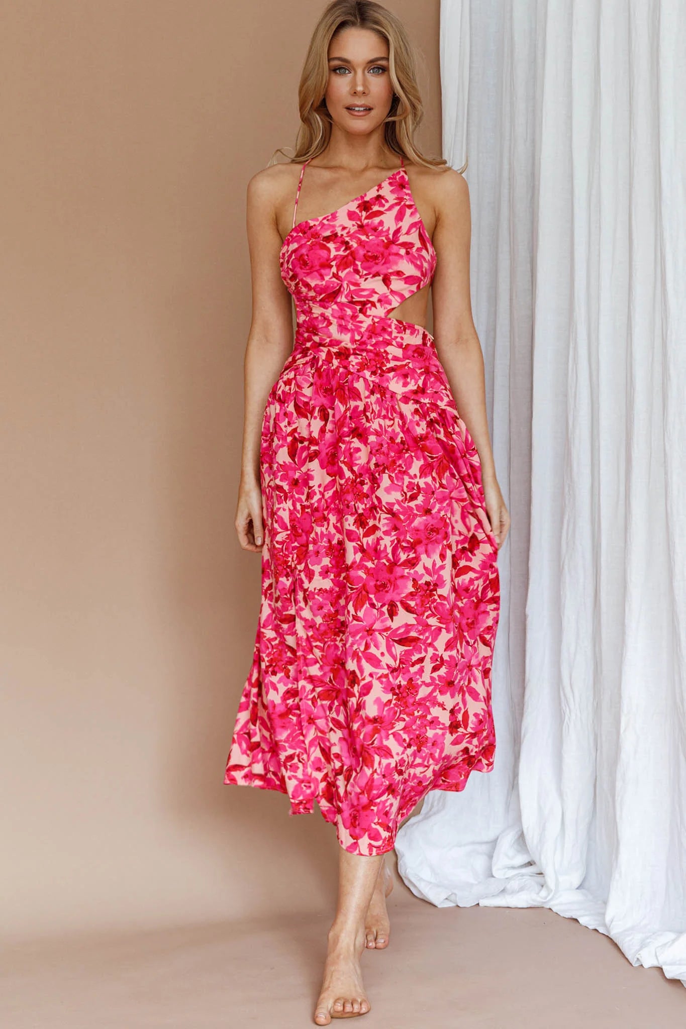 Destination Open Back Midi Dress Floral Pink