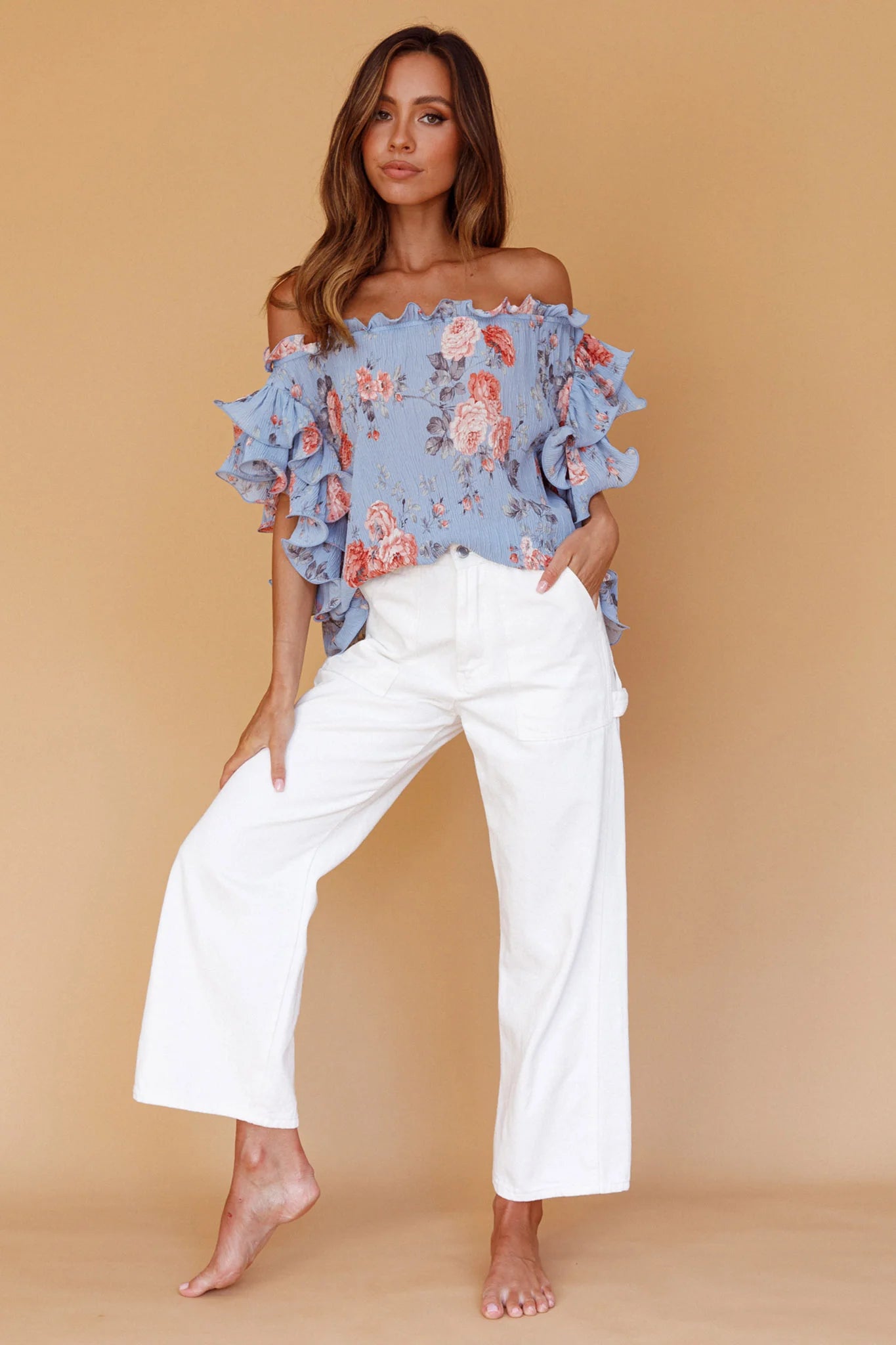 Miranda Off-Shoulder Ruffle Sleeve Top Floral Print Blue