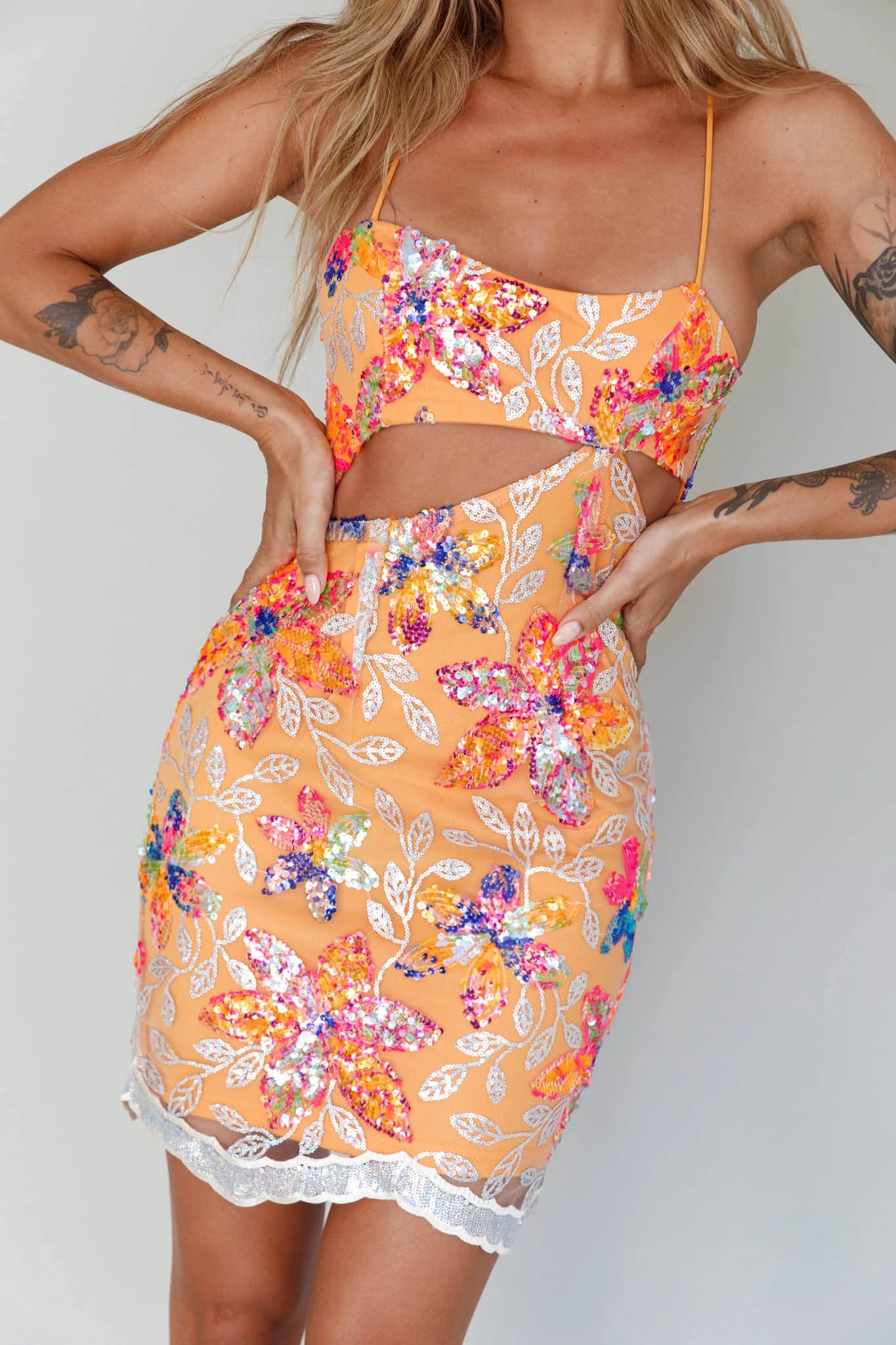 Anu Cut-Out Laced Back Sequin Dress Orange