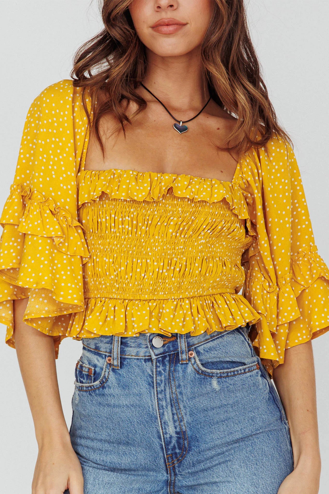 Boardwalk Bell Sleeve Crop Top Spotty Mustard